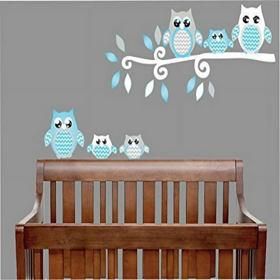 blue owl wall decals / owl stickers / owl nursery wall decor (grey and blue owl wall decals)