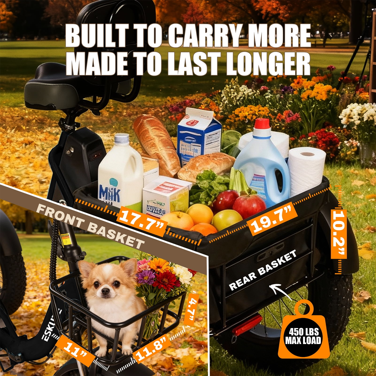 ESKUTE  Black Electric Trike for Adults, 500W Motor 48V 20.8Ah , 1200W Peak Motor, 20"x4.0" Fat Tires, 16+MPH, Foldable 3-Wheel Butterfly Handlebar E-Bike with Storage Bags, Gifts for Parent