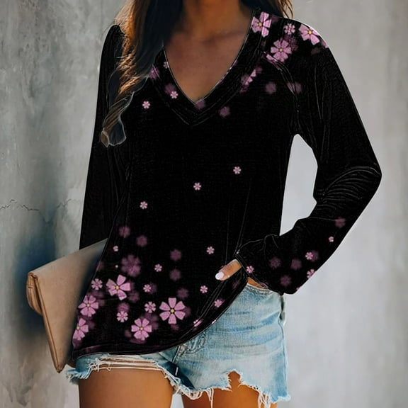 Black Women's Long Sleeve T-shirt, Women'S T Shirt Blend Printed Short Sleeved V Neck Top,Women's Long sleeve T-shirt XL