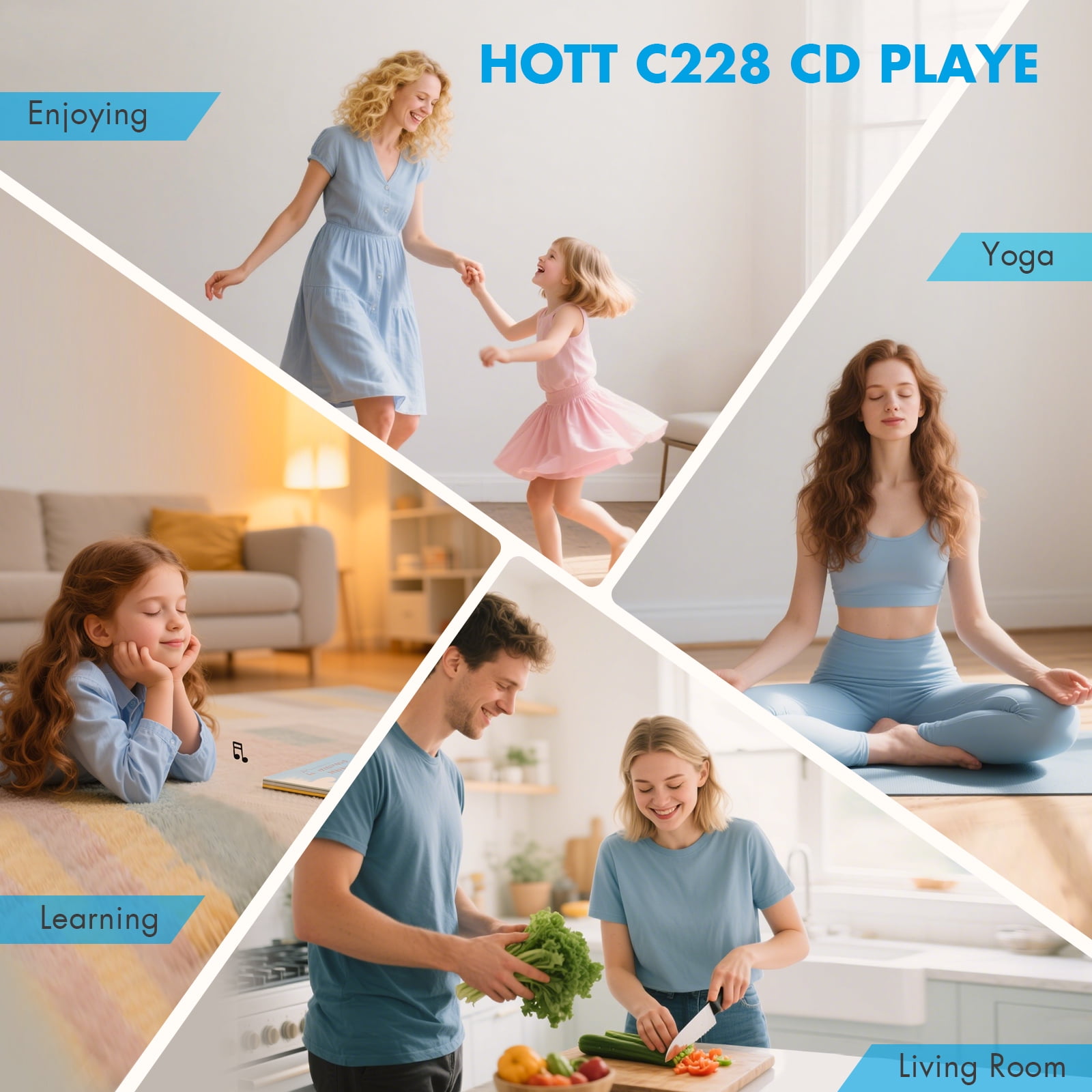 HOTT Portable CD Player with Bluetooth 5.3, FM Transmitter, 4 Speakers, Rechargeable Battery, Compatible with CD/CD-RW/MP3, Aux/USB Support for Car & Home(Black)
