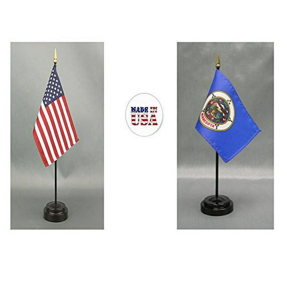 Made in The USA. 1 American and 1 Minnesota 4"x6" Miniature Desk & Table Flag, Includes 2 Flag Stands & 2 Small Mini Stick Flags
