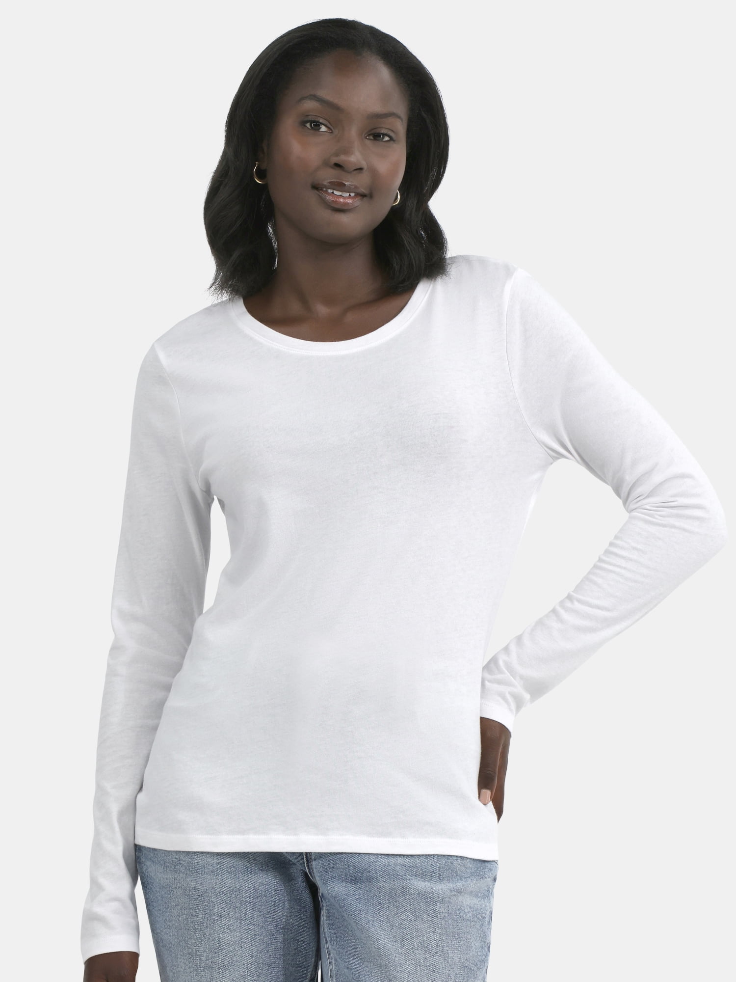 Time and Tru Women's Cotton Crewneck Tee with Long Sleeves, Sizes