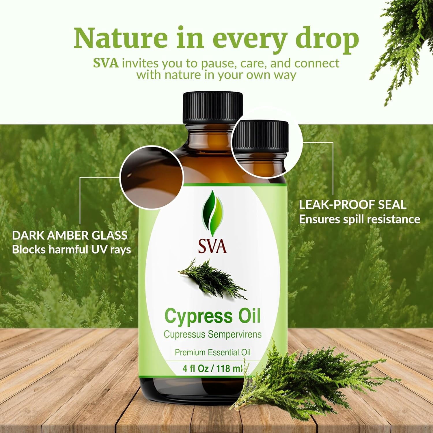 SVA Cypress Essential Oil – 4 Fl Oz – 100% Natural Cypress Oil - for Diffuser, Hair Care, Face, Skin Care, Aromatherapy, Scalp and Body Massage, Soap and Candle Making – with Dropper