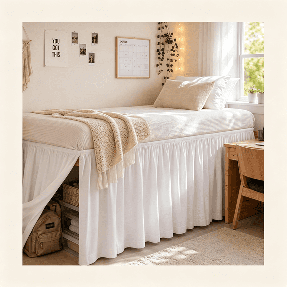 AUQ Dorm Bed Skirt Twin Xl 50 Inch Drop with Split Corners, Extra Long Bedskirt,Dust Ruffle with Platform,Bed Skirt with Opening White, Bed Decor