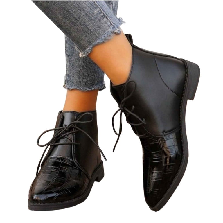Womens Front Lace Up Embossed Ankle Boots, Pointed Toe Low Flat Heel Leather Short Booties Black 5(36)