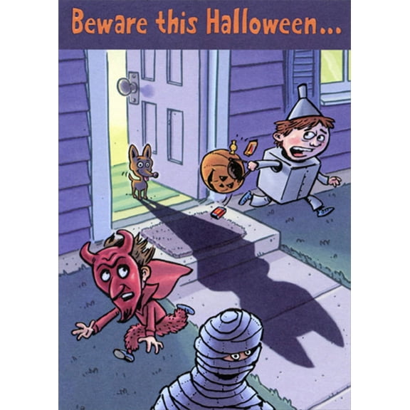 Designer Greetings Small Dog with Big Shadow Scaring Kids Funny : Humorous Halloween Card