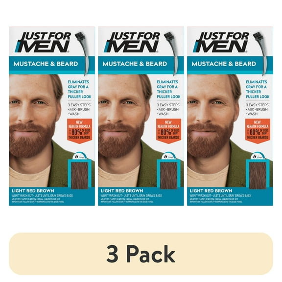 (3 pack) Just For Men Mustache & Beard, Beard Dye for Men with Brush Included for Easy Application, With Keratin Biotin Aloe and Coconut Oil for Healthy Facial Hair - Light Red Brown, M-27 Pack of 1