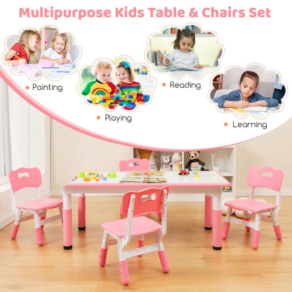 Resenkos Kids Table and Chairs Set for 4 with Graffiti Desktop-Pink, Small Folding Table for Arts & Crafts, Snack Time, Homeschooling, Homework
