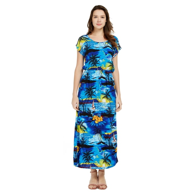 Robe Maxi Simple à Manches Courtes Hawaïenne pour Femmes TG Bleu Coucher de Soleil