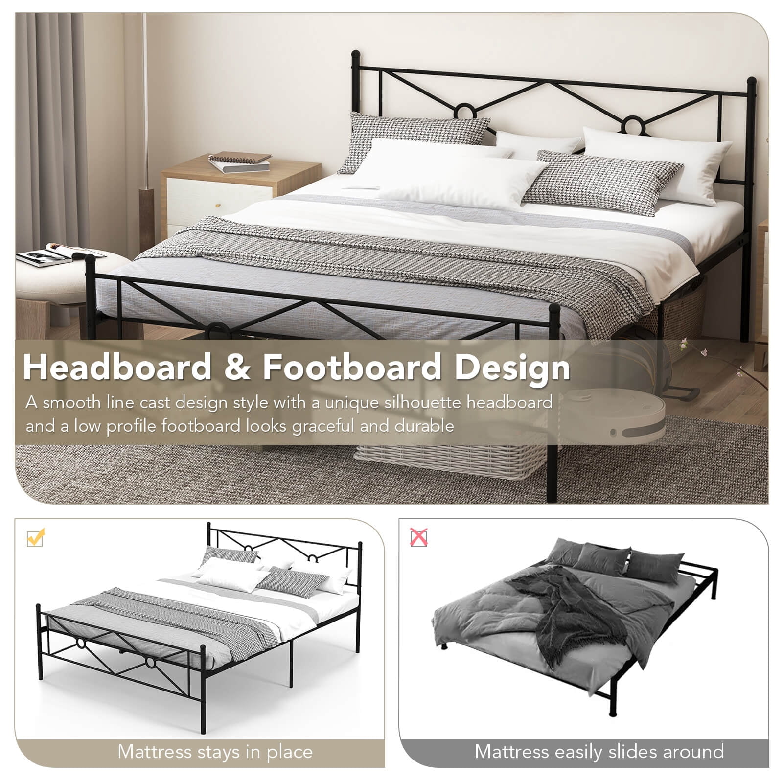 Infans Queen Size Metal Platform Bed Frame w/ Headboard Mattress Foundation Black