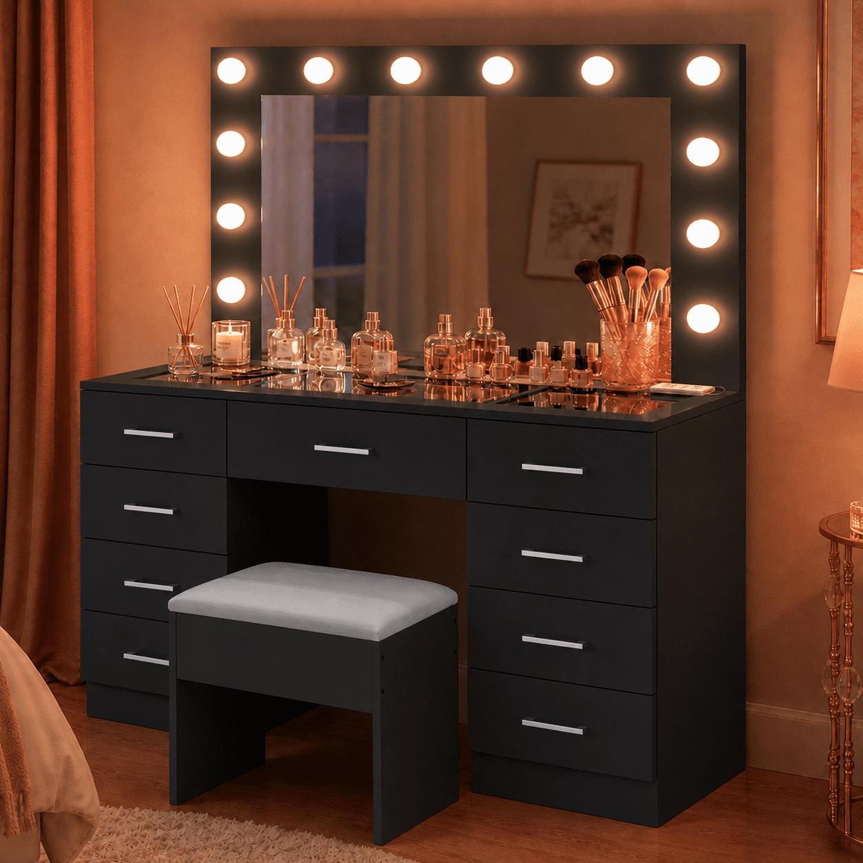 Zimtown Makeup Vanity Desk with Large Mirror & Charging Station, Vanity Table with 9 Drawers & Visible Glass Top, Bedroom Dressing Table, Black