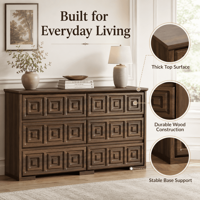 Aufeile 54" Walnut Farmhouse Dresser, 6-Drawer photo 6