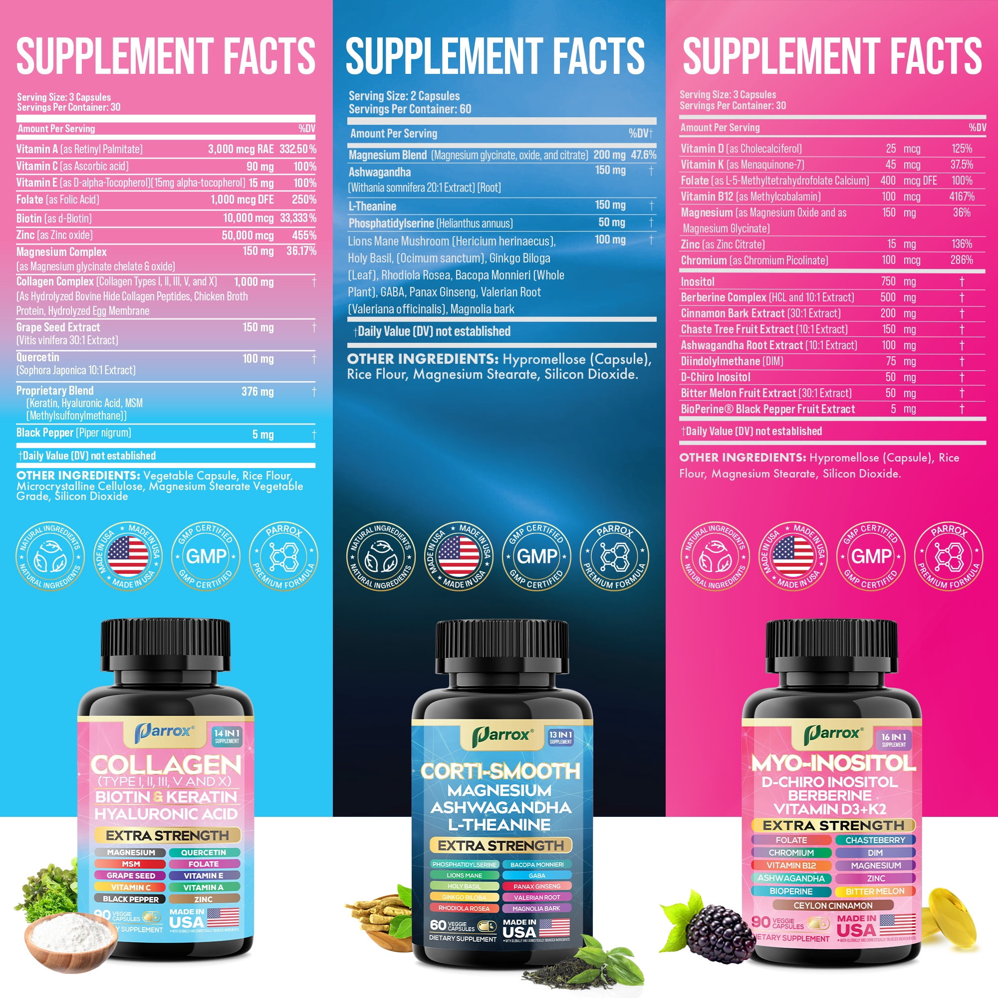 Parrox Ultimate Wellness Bundle – Collagen Peptides Types I, II, III, V, X with Biotin & Keratin,Myo-Inositol,DIM,Vitex,L-Theanine,Berberine,Lions Mane,Cortisol Support,Magnesium,Ashwagandha (3 Pack)