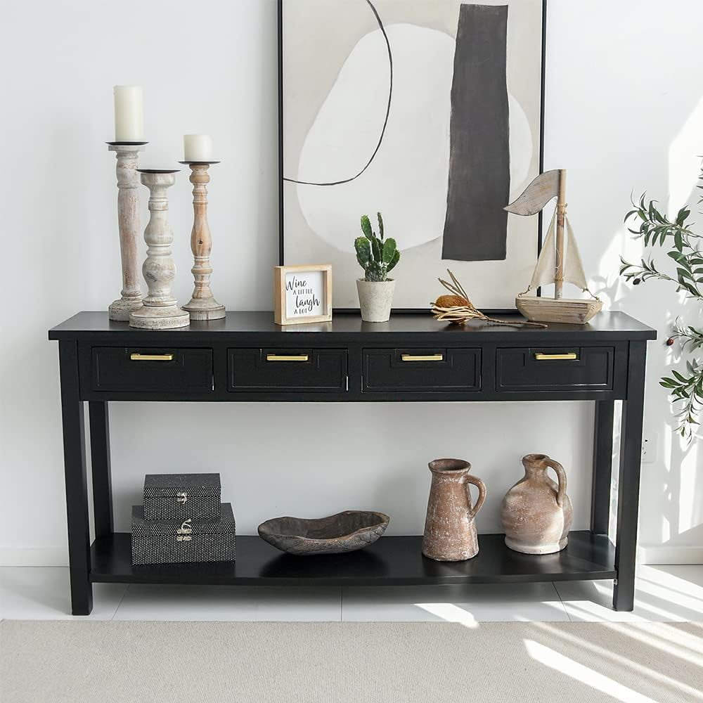 Kinbor Entryway Console Table, 60 Inch Sofa Table w/4 Drawers & Shelf Narrow Long Hallway Table, Black