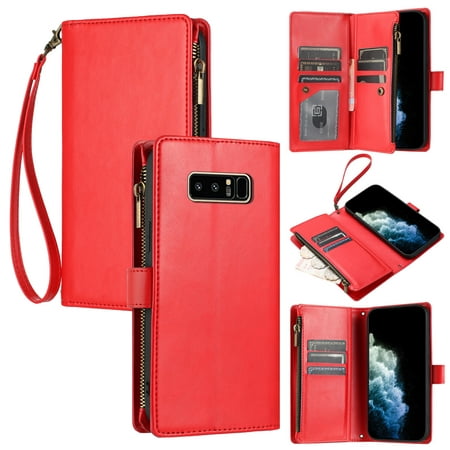 Samsung Galaxy Note 8 Case , Card Slots PU Leather Folio Flip Wallet Zipper Compatible with Samsung Galaxy Note 8 Cover - Red
