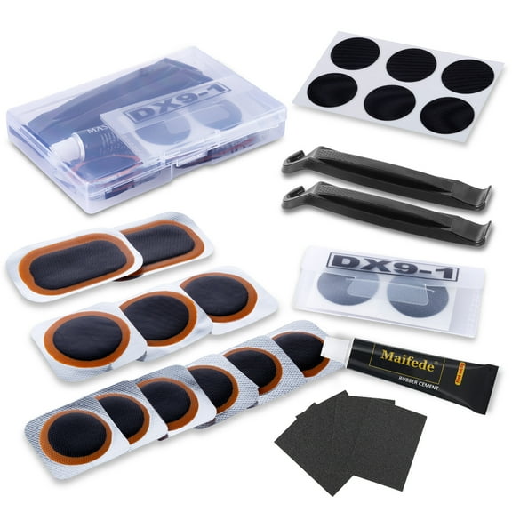 Maifede Bike Inner Tire Patch Repair Kit - with 11 PCS Vulcanizing Patches, 6 PCS Pre Glued Patchs, Portable Storage Box, Metal Rasp and Lever - Also for Motorcycle, BMX and Inflatable Rubber.