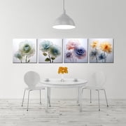 Flower Wall Art for Bathroom Bedroom Living Room Blue Orange Wall Decor Floral Painting Canvas Print Picture for Home Decorations Framed Artwork Ready to Hang (12x12inchx4)