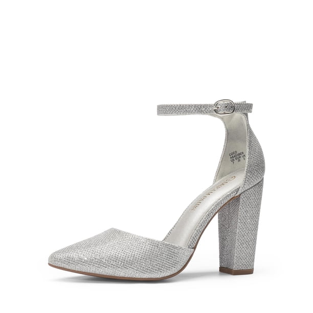 Zapatos de Tacón Coco para Mujer DREAM PAIRS con Correa en el Tobillo y Brillo Plateado