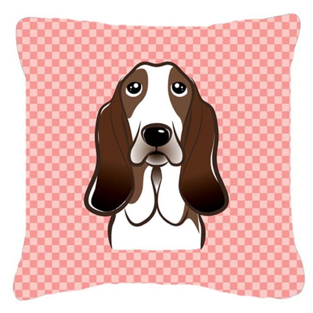 Checkerboard Pink Basset Hound Fabric Decorative Pillow, 18 x 18 In.