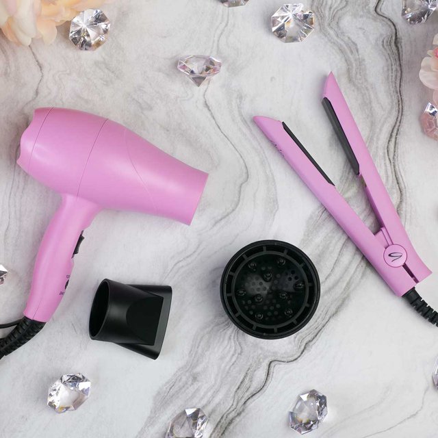 Aria Beauty - Mini Ensemble de Voyage : Fer Plat et Séchoir Rose