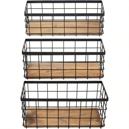 TIEYIPIN Farmhouse Decor Metal Wire Storage Baskets Wood Base Containers Organizing Basket Caddy Bin for Kitchen Cabinets Bathroom Pantry Garage Laundry Room Closets Small Black Set of 3