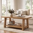 thumbnail image 3 of Finmind Solid Wood Coffee Table, 2-Tier Rectangle Accent Center Table with Lower Storage Shelf, Farmhouse Simple Cocktail Tea Tables for Living Room, Brown, 3 of 8