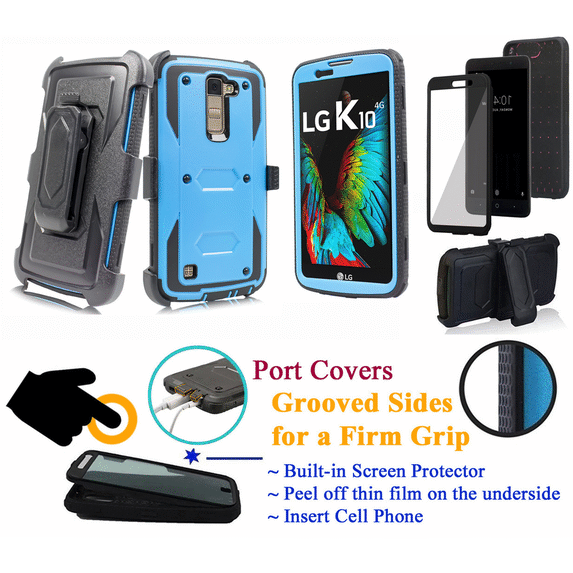 for 5.3" LG K10 2016 Premier LTE Case Phone Case 360° Cover Screen Protector Clip Holster Kick stand Armor Layers Grip Sides Shock Bumper Blue