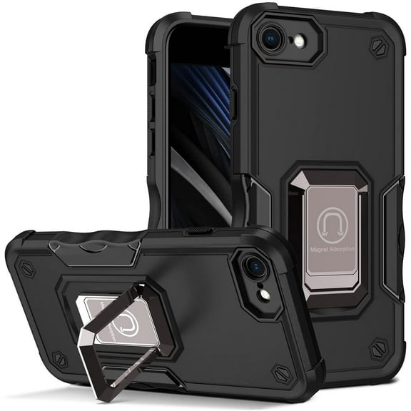 Military Grade Shockproof Hybrid Armor Case with Ring Holder for iPhone SE (3rd gen & 2nd gen) and iPhone 8/7 - Black