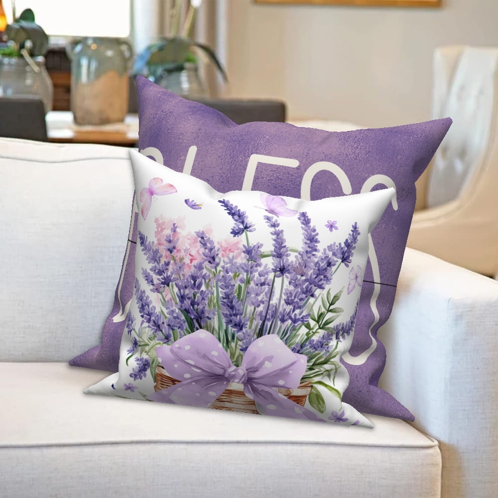 Purple Lavender Throw Pillow Covers 20x20 Set of 4,Spring Summer Floral Decorative Pillow Cases for Bedroom Sofa Couch