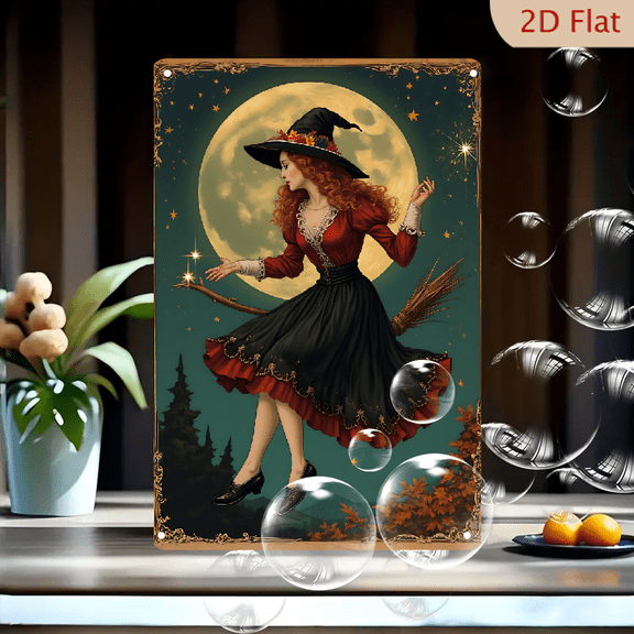 1pc Metal Wall Sign, 8x12 Inches, Vintage Elegant Redhead Witch Flying Broomstick Under Full Moon Starry Night Decorative Sign, Autumn Leaves Halloween Fall Theme Decor, Ideal for Outdoor, Porch,