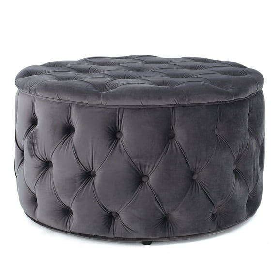 GDF Studio Howell Modern Glam Velvet Tufted Circular Ottoman, Gray