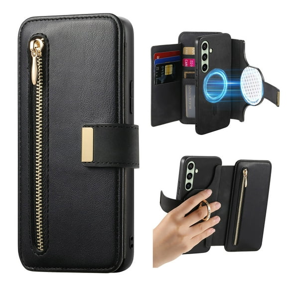 Dteck for Samsung Galaxy A15 5G Wallet Case with Card Holder, RFID Blocking PU Leather Flip Cover Ring Holder Zipper Credit Card Slots, 2 in 1 Detachable Phone Case Compatible with MagSafe,Black