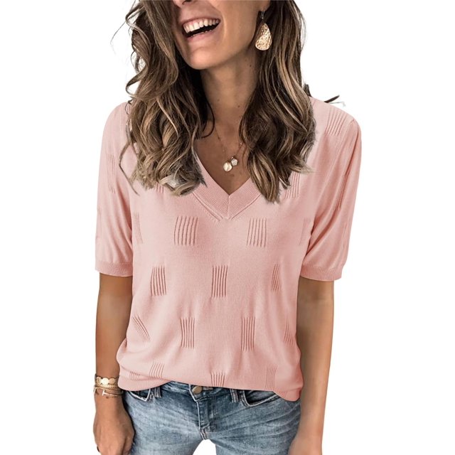 Arach&Cloz Women's V-Neck Short Sleeve Special Rib Knitted Pattern Casual Tops Sweater Spring Summer 2025