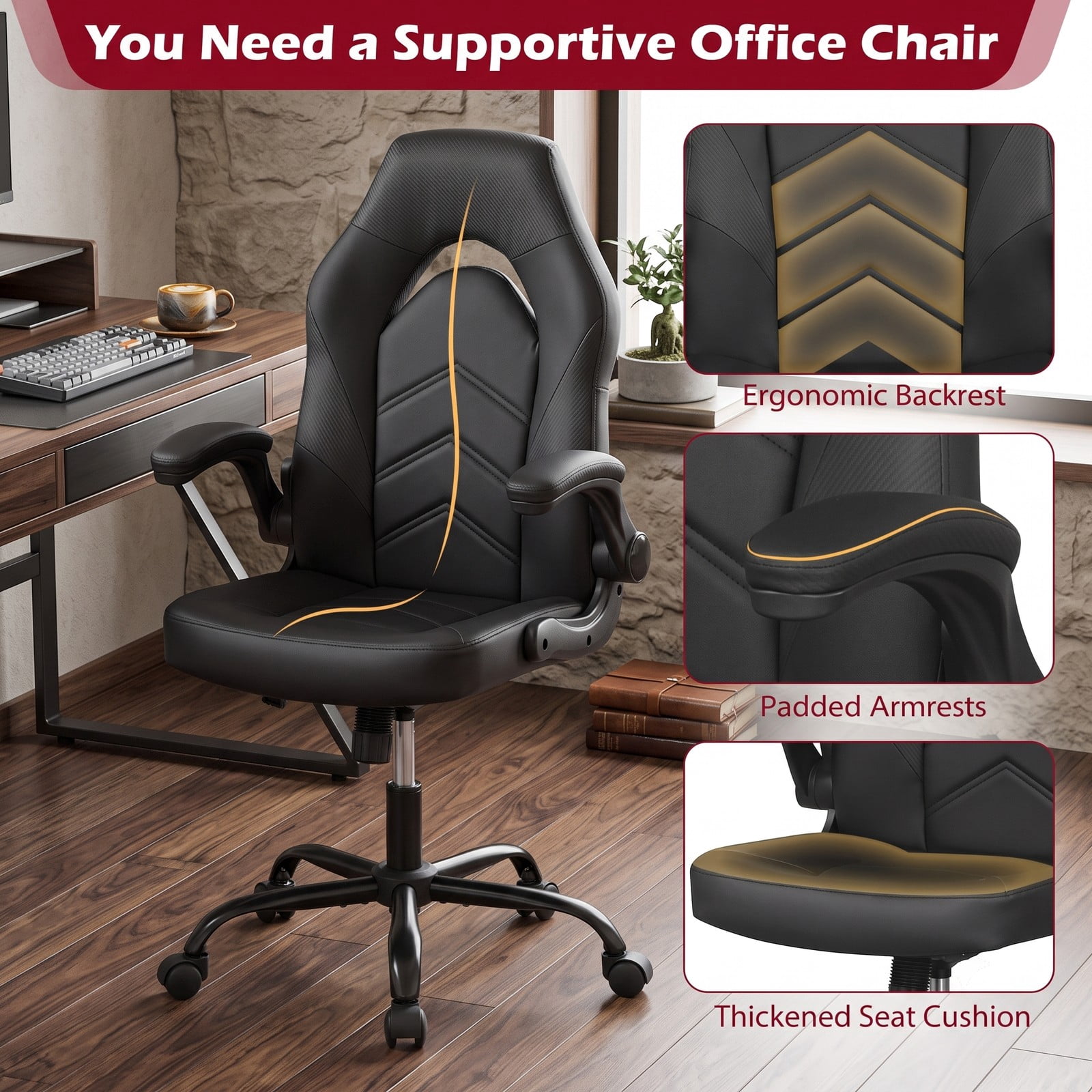 Furnibear Ergonomic Leather Office Chair, High Back Executive Computer Desk Chair with Flip-up Armrests, Adjustable Height Swivel Task Chair, Rolling Rocking, Black