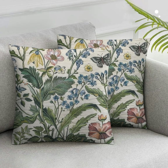 JRXY Spring Pillow Covers Set of 2,Sage Green Wild Plant Butterfly Decor Seasonal Floral Farmhouse Throw Pillow Case Decorations for Home Sofa Couch(Green) White