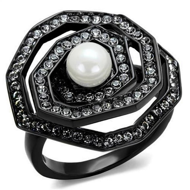 Alamode TK1861-5 Bague en Acier Inoxydable Noir IP Femme avec Synthétique en Blanc - Taille 5
