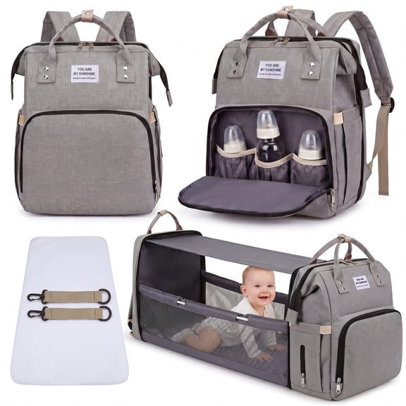 Diaper Bag Backpack, Large Waterproof Baby Bag for Mom with Changing Pad, USB Charging Port, Baby Shower Gifts, Gray