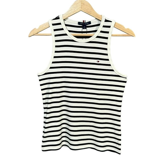 Tommy Hilfiger Womens Slim Fit Stripe Tank Top M Navy Blue-Optic White Stretch
