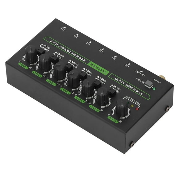 6 Channel Mixer, DJ Audio Mixer with RGB Light, 1/4 TRS TS Low Noise Stereo Mono Switching Line Controller Sound Mixer for Studio, DC 5V Power, 6.35mm Interface