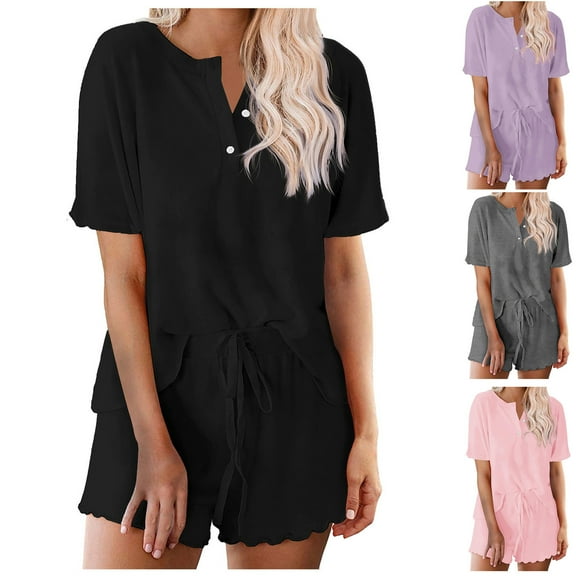 Wlynlyn Womens Pajamas Sets Short Sleeve V Neck Top High Waisted Shorts Cute Pjs Sets Soft Sleepwear Loungewear