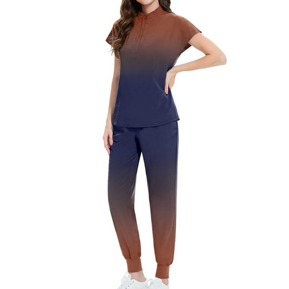 Homenesgenics Scrubs for Women Set,Nursing Uniforms Set Plus Size,Caregiver Uniform/Carer Uniform,Solid-Color Scrubs Set,Loose Drawstring Pants & Short-Sleeve V-Neck Top with Pockets Brown XL