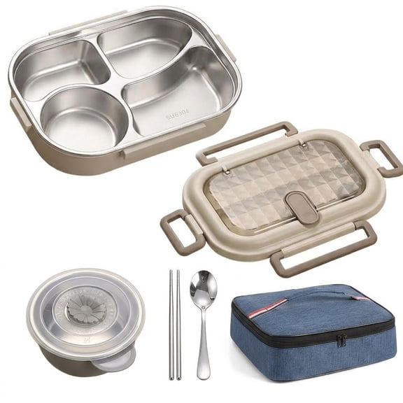 Premium 4-Compartment Stainless Steel Lunch Box, 1500ml – Microwave Safe, Includes Soup Cup, Utensils & Portable Tote Bag