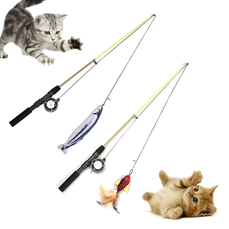 cats play with fishing pole BESTSKY Cat Fishing Pole Toy, Retractable Wand Cat Toy with Reel, Cat  Fishing Rod & Feather Toy, Interactive Cat Teaser Wand Toy for Indoor Cats