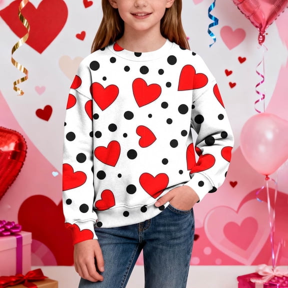Girls Valentine's Day Black Sweatshirt, Heart & Polka Dot Print Crewneck, Stretchy Polyester-Spandex Pullover for Kids Ages 1-15, Pilling Resistant Casual Top,Size 2-3 T
