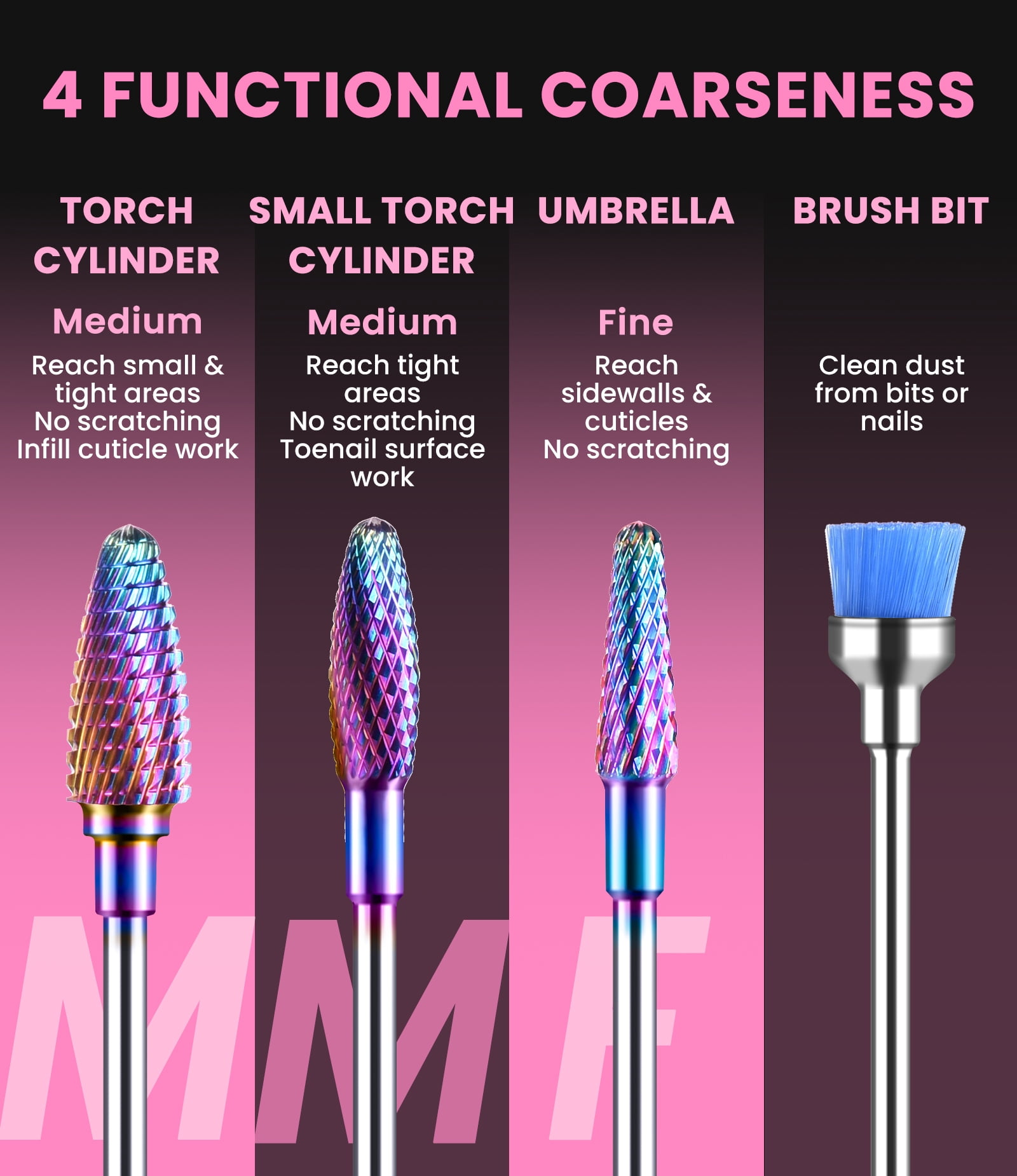 MelodySusie Nail Drill Bits Set, 7pcs Tungsten Carbide Diamond 3/32'' Professional Nail Drill Bits for Nail Drill Efile,colorful
