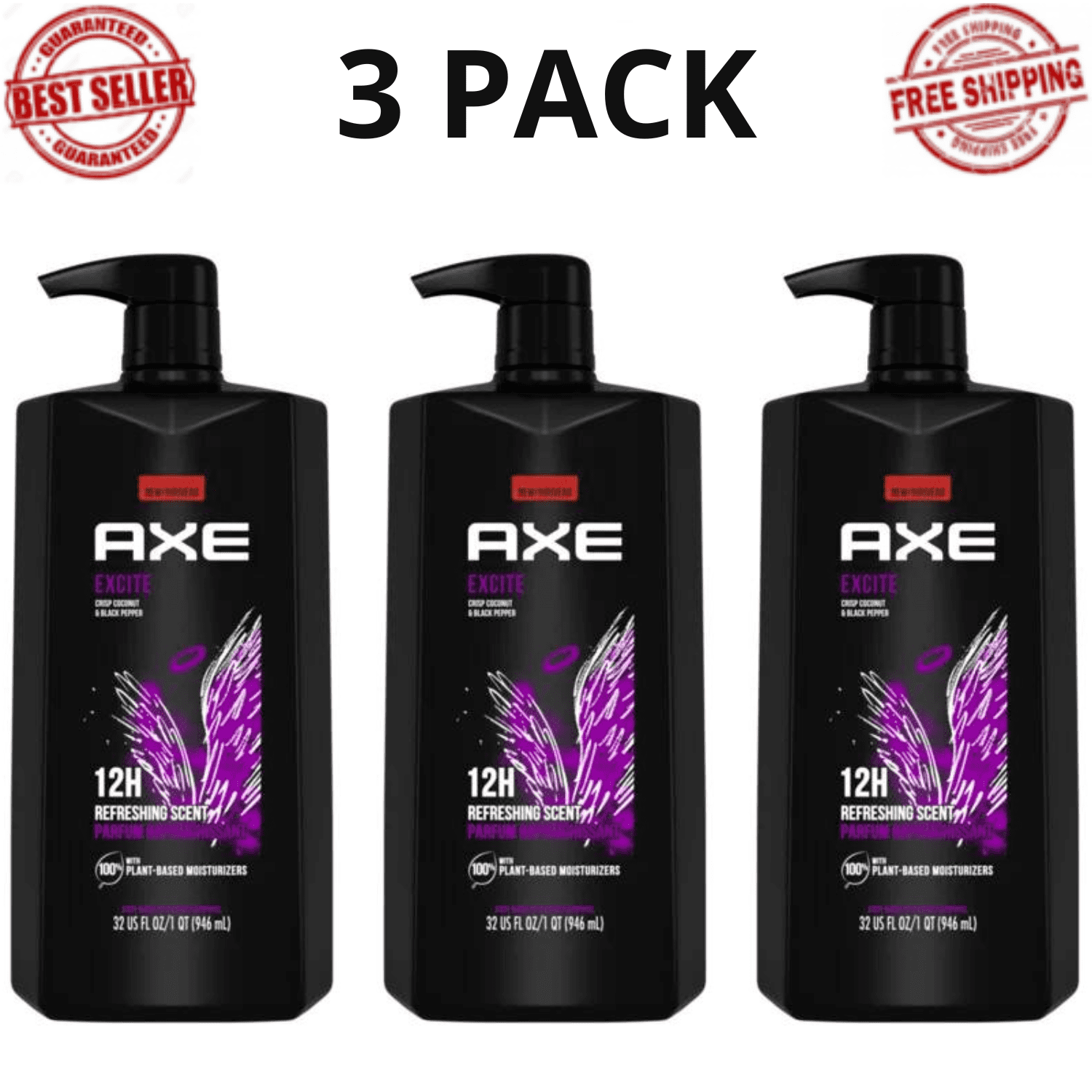 AXE Mens Liquid Body Wash & Shower Gel Excite Crisp Coconut & Black Pepper, 3PK
