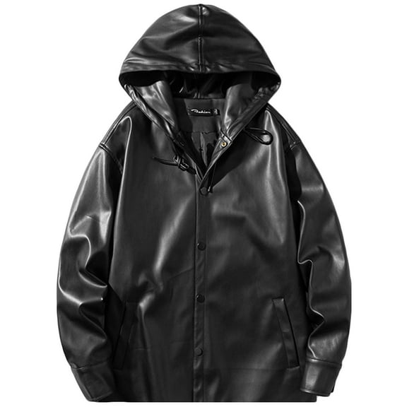IYTR Men's Solid Color Hooded Faux Leather Lapel Long Sleeve Snap Button Down Pockets Windproof Outwear Loose Fit PU Leather Jacket Coat Black XXL