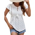 thumbnail image 3 of Top informal con ojales, camiseta de jacquard con ojales para mujer, top de verano con cuello redondo y cordones, blusa tipo jersey con cordones para mujer, rendimiento finamente ajustado, 3 of 9