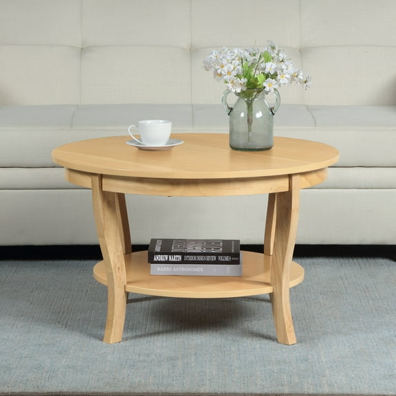 American Heritage Round Coffee Table with Shelf in Beige Wood Finish
