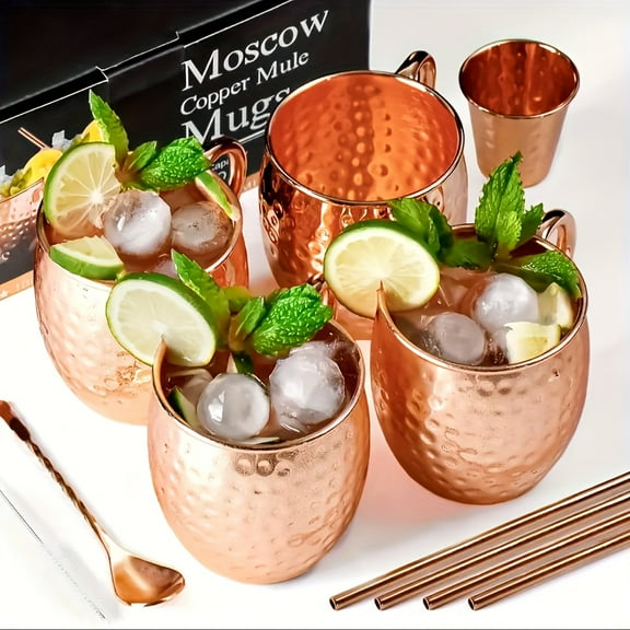 4-Pack Moscow Mule Copper Mug Set - 16oz Insulated Cups with Straws, Spoons, Shot Glasses & Brush - Reusable for Cocktails, Beer, Wine - Perfect for Gifts & Parties